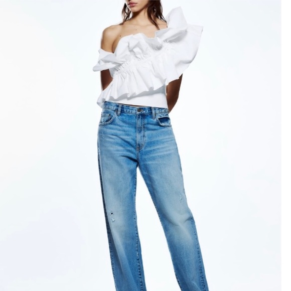 NWT Zara Blogger Fav Asymmetrical One Shoulder Poplin Ruffle Top White - Picture 7 of 16